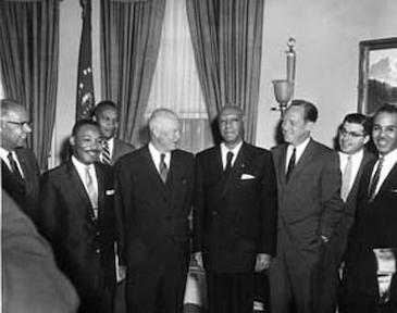 June 23, 1958 - Dwight D. Eisenhower receives a group of prominent civil rights leaders. Left to Right: Lester Granger,  Dr. Martin Luther King, Jr., E. Frederic Morrow, Dwight D. Eisenhower, A. Philip Randolph, William Rogers, Rocco Siciliano, and Roy Wilkins.