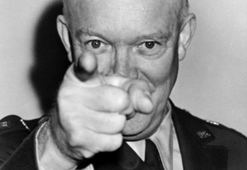 Close-up photo of Dwight Eisenhower pointing toward the viewer.