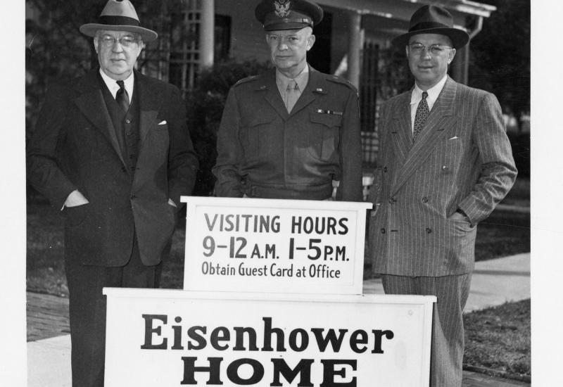 6.7.1947 Eisenhower brothers Arthur, Ike, Milton in front of the family home just prior to the public