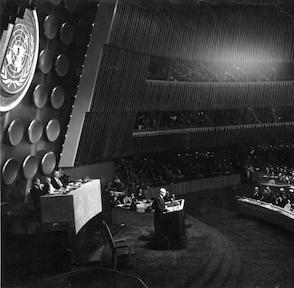 December 8, 1953 - Dwight D. Eisenhower delivering his Atoms for Peace speech before the U.N. General Assembly.