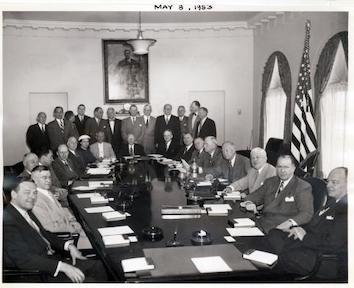 Dwight D. Eisenhower and members of the Cabinet and Administrative Assistants are pictured in the Cabinet Room of the White House. May 8, 1953.